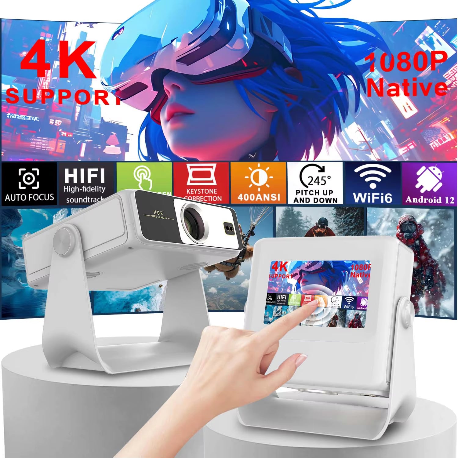 Youtube Netflix Ready Projector 7'' Touch Panel, 1080P 4K Decoding - 180° Rotatable, Wifi 6, BT5.0, HDMI USB Bedroom Movie Night