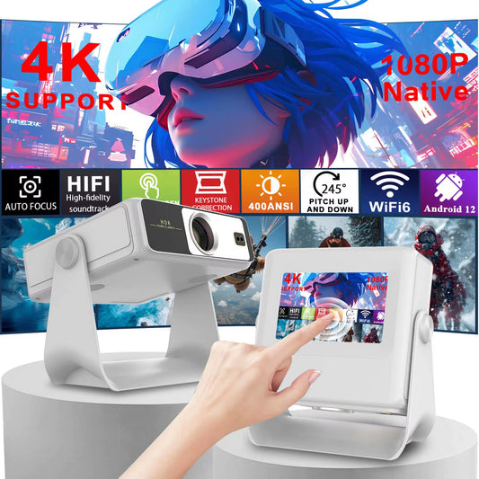 Youtube Netflix Ready Projector 7'' Touch Panel, 1080P 4K Decoding - 180° Rotatable, Wifi 6, BT5.0, HDMI USB Bedroom Movie Night