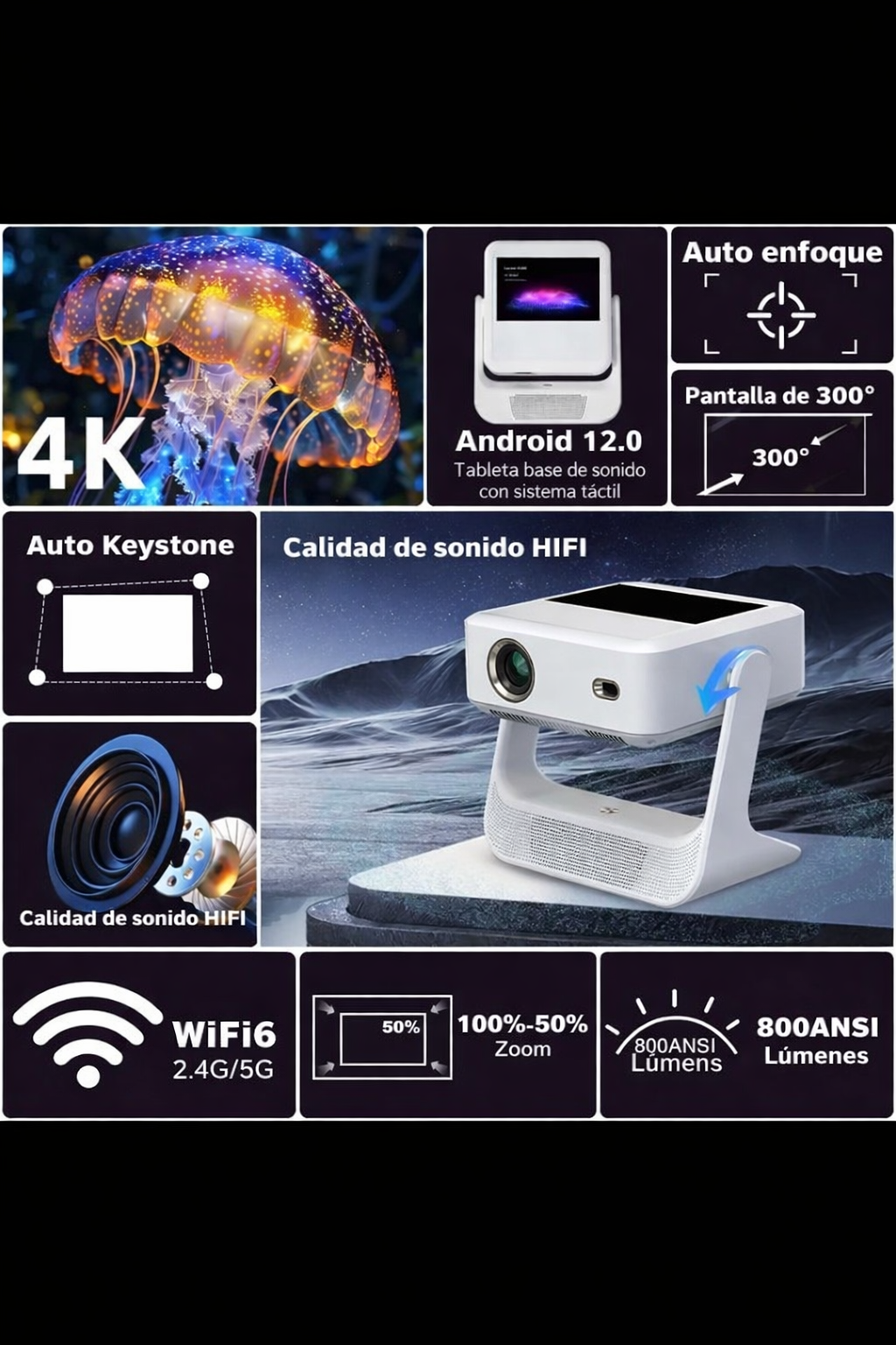 Smart 4K Touch Projector 180° Rotatable | WiFi 6 & Bluetooth 5.0