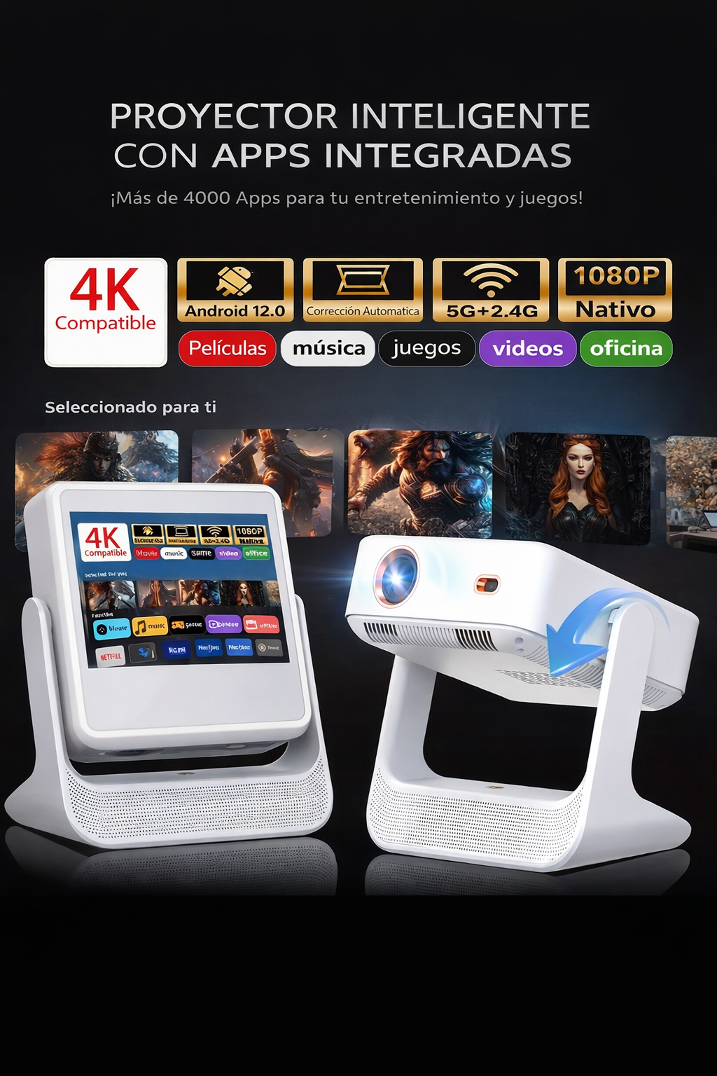 Smart 4K Touch Projector 180° Rotatable | WiFi 6 & Bluetooth 5.0